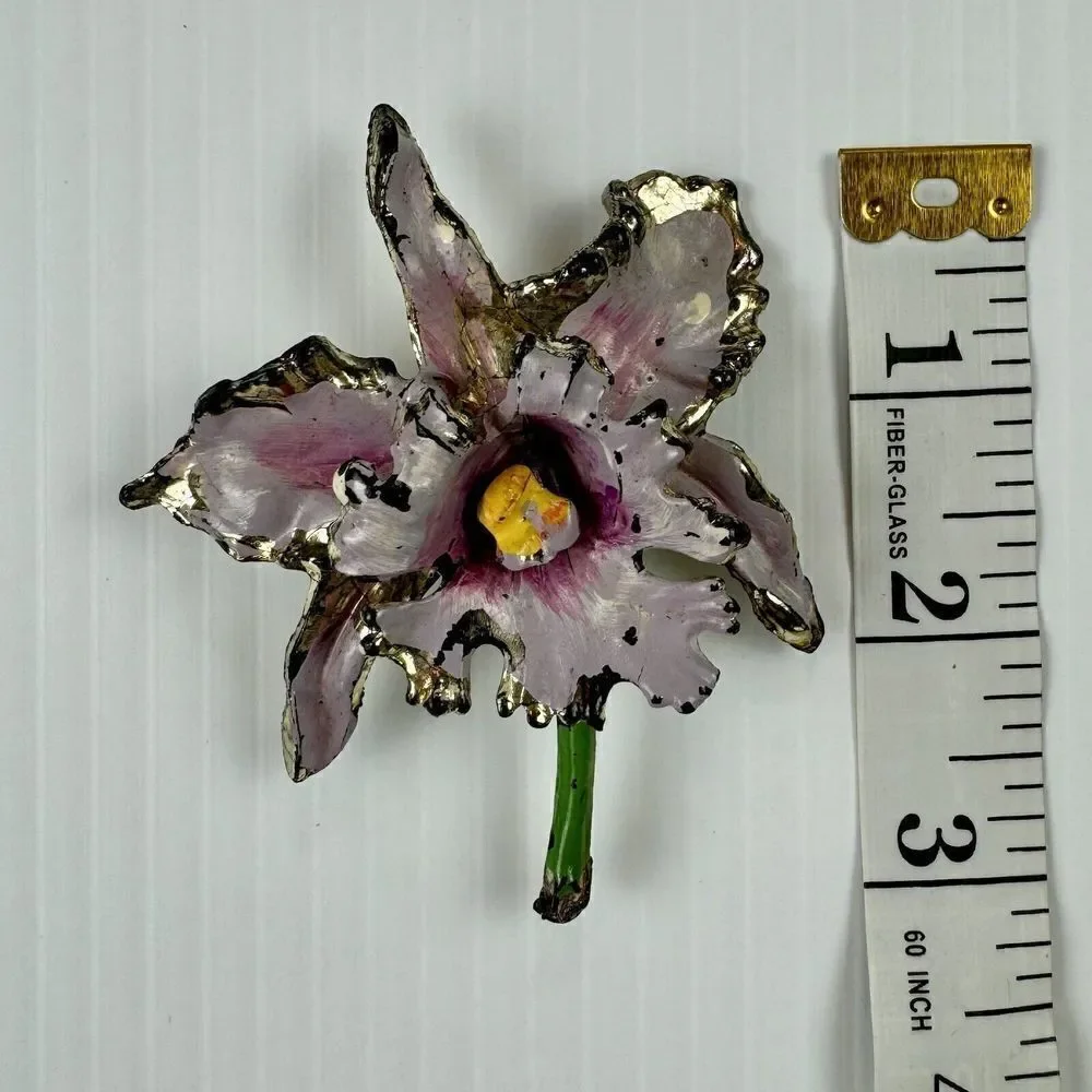 Vintage Floral Pink Purple Flower Orchid Painted Enamel Brooch Lightweight